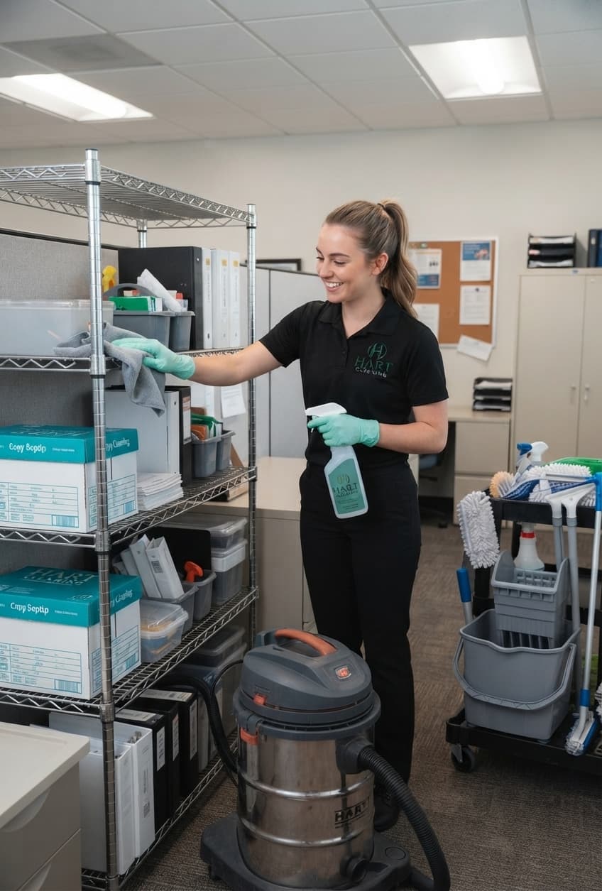 A cleaner tidying shelves in a bright, organized office