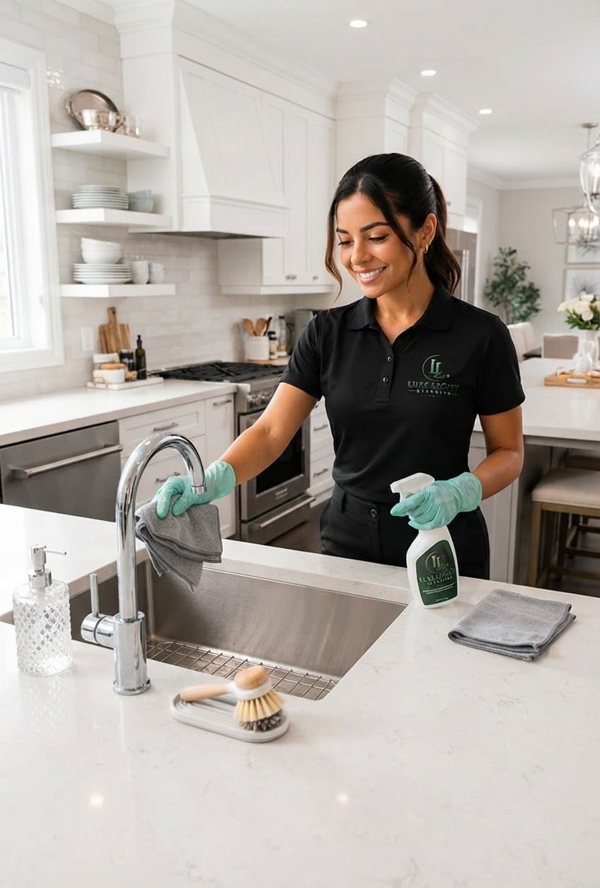 A Lumum cleaner wiping down a spotless white kitchen