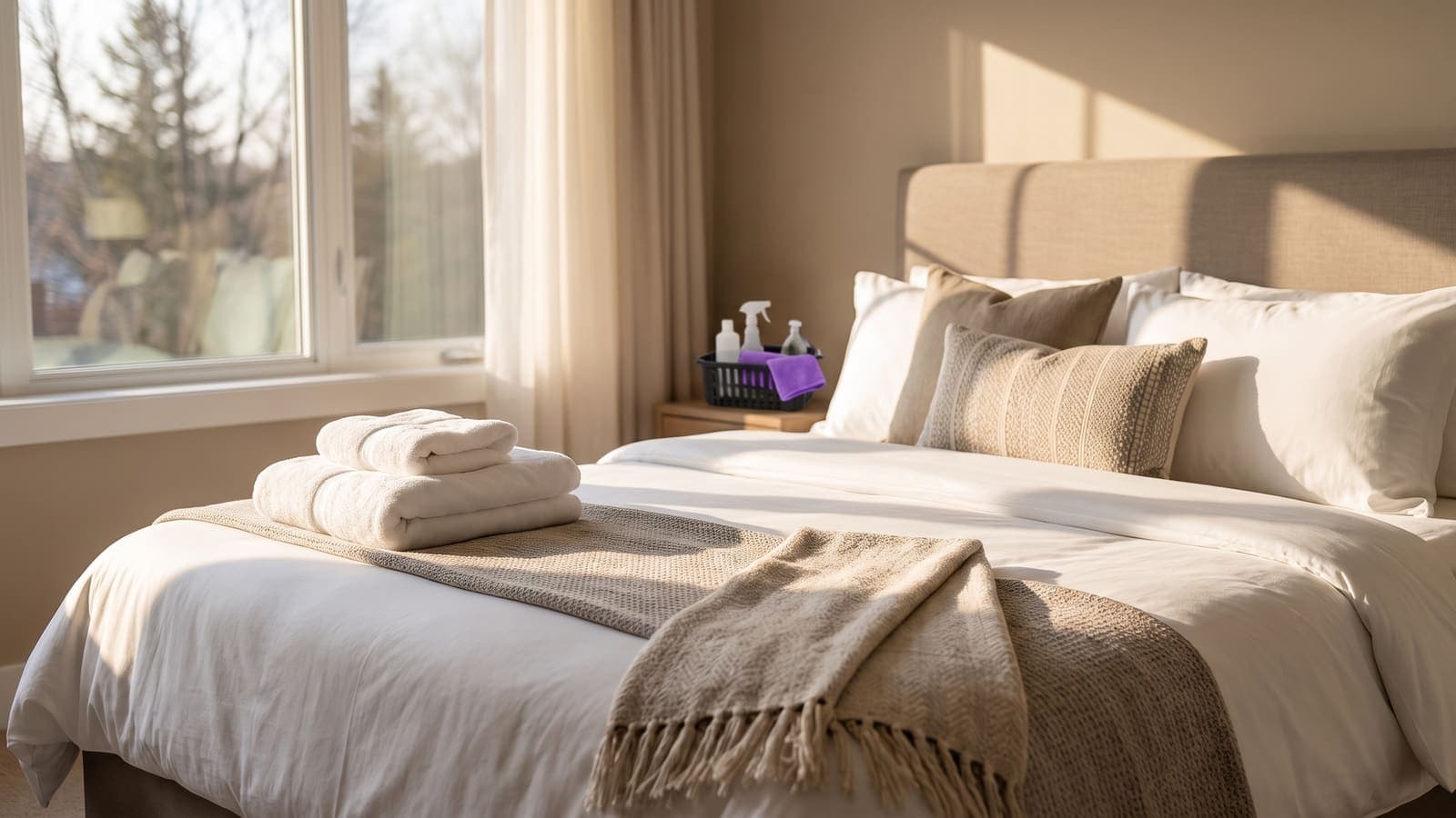 A short-term rental bedroom finished to hotel standard with crisp linens and folded towels