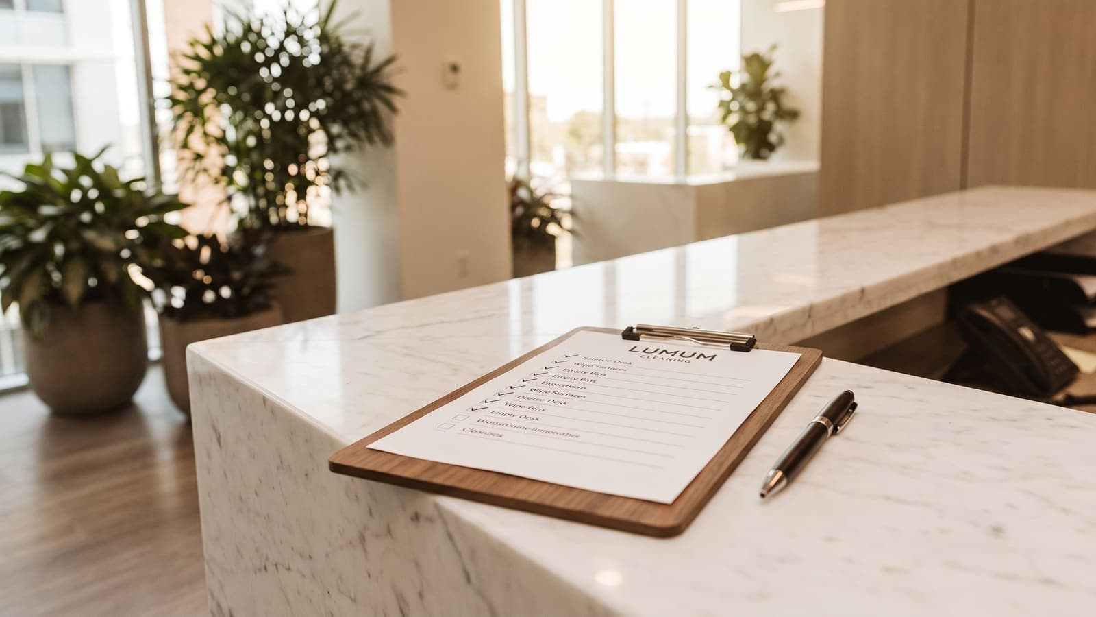 A clipboard with a printed checklist on a reception desk in a bright office lobby