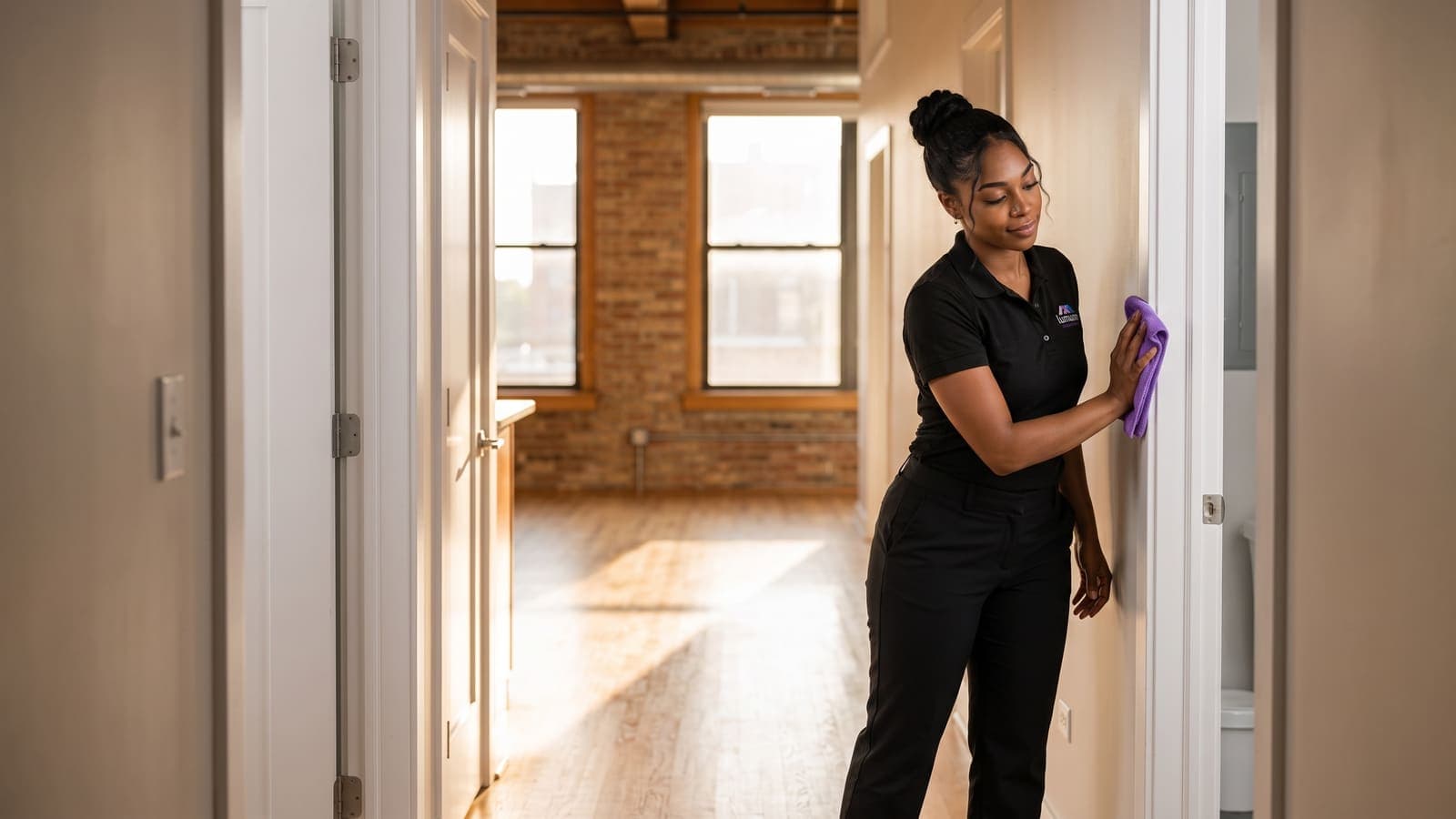 A Lumum Cleaning specialist wiping a doorframe in a bright Chicago apartment hallway