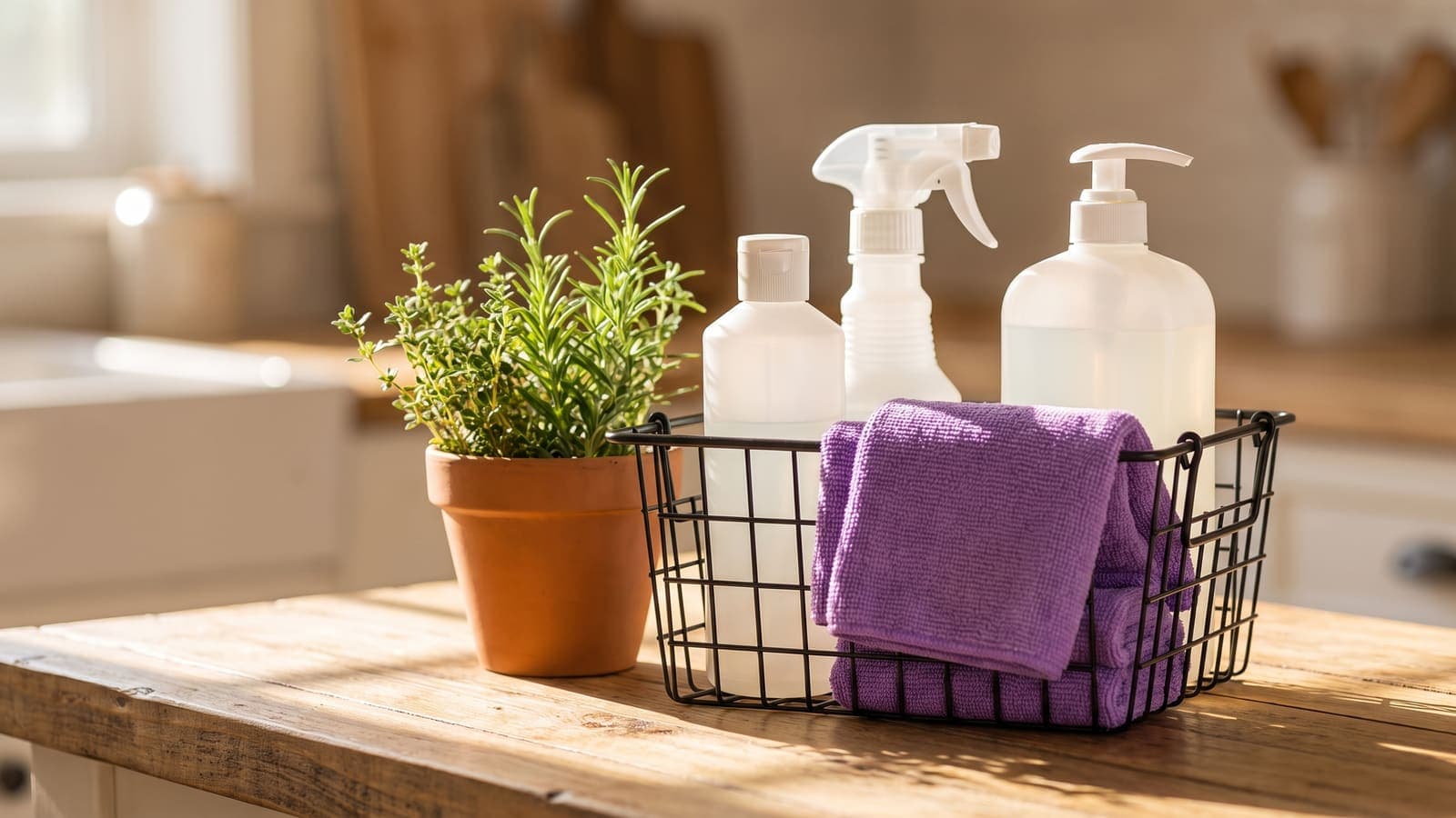 Plant-based cleaning bottles and folded purple cloths in a black caddy on a sunlit counter