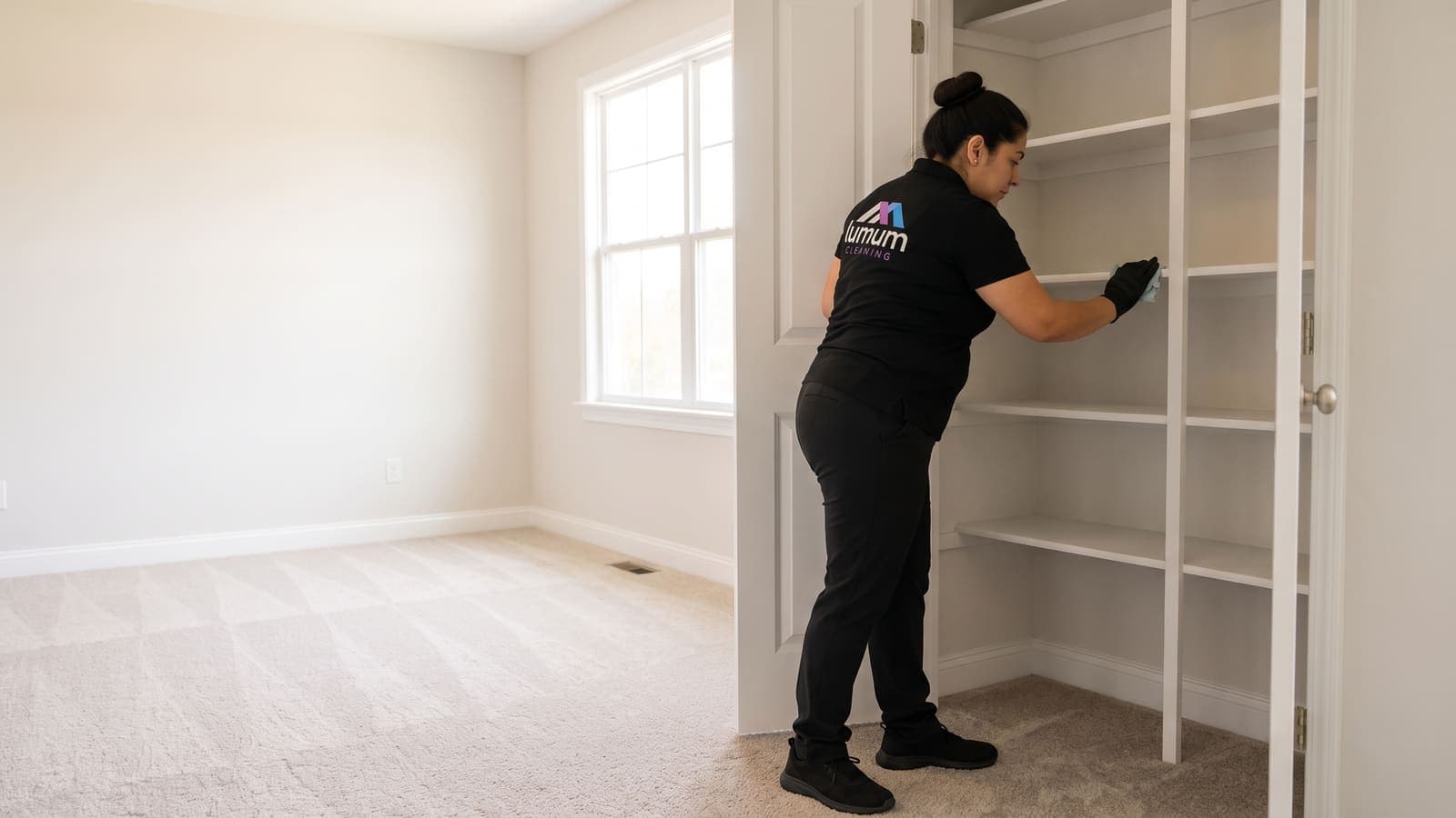 An empty bright apartment with a specialist wiping inside an open closet before move-in