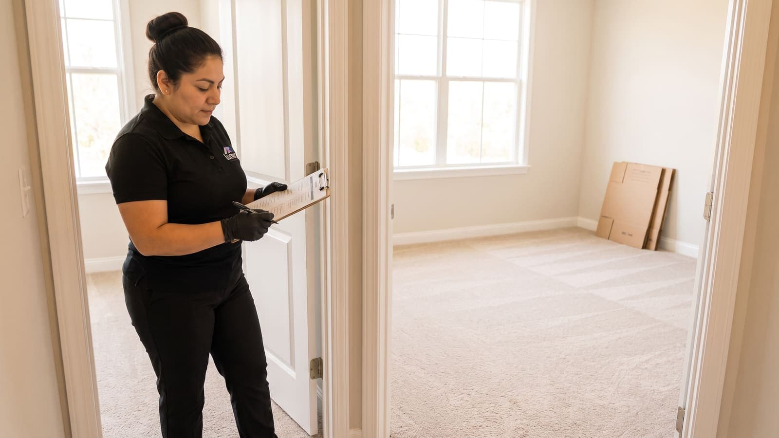 An empty apartment on move-out day with a Lumum Cleaning specialist reviewing a checklist