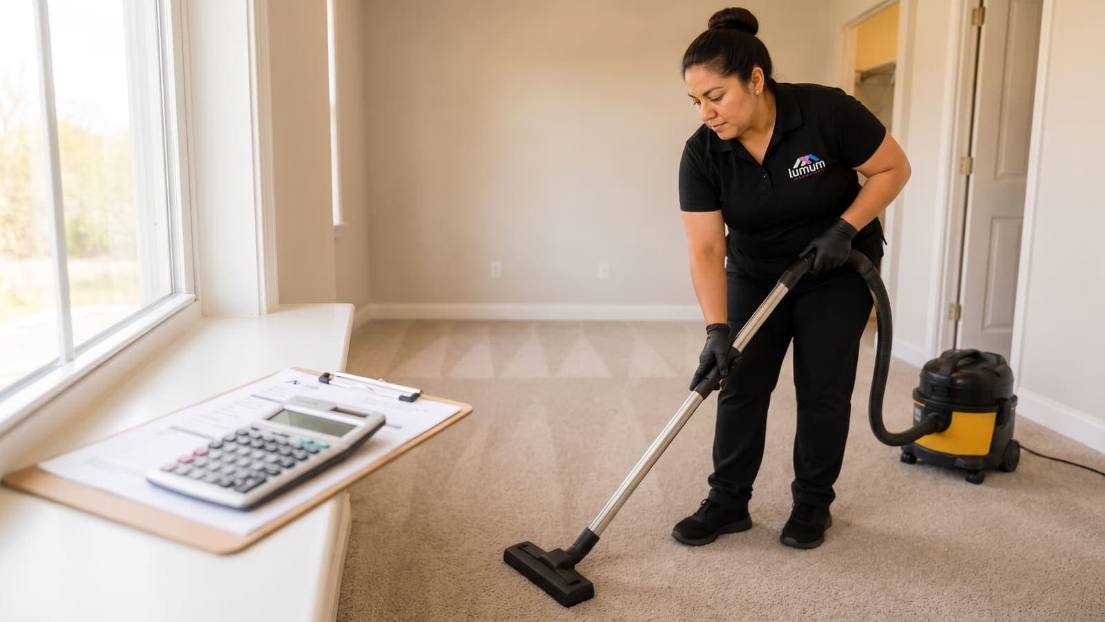 An empty apartment living room mid-clean with a specialist vacuuming