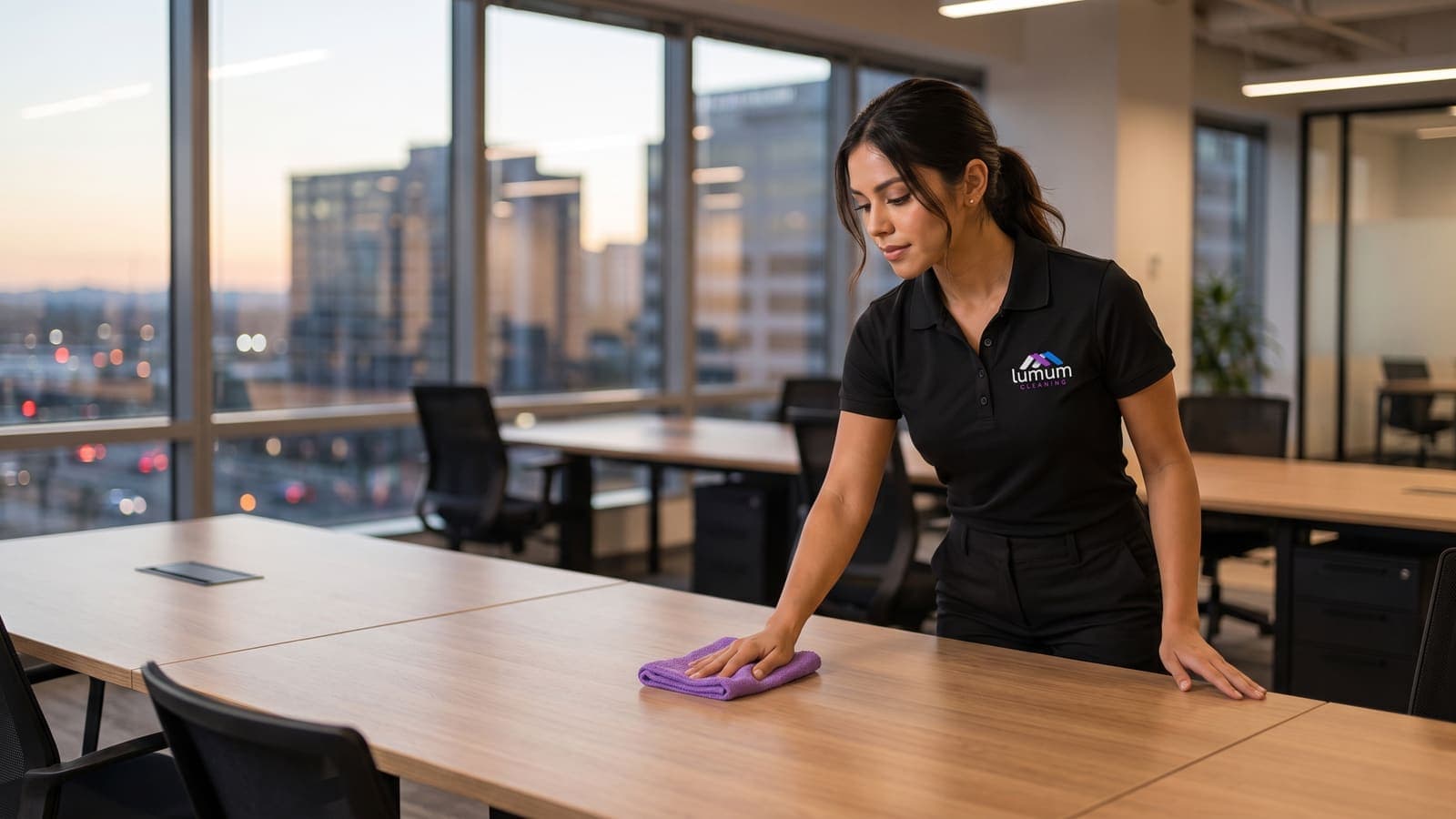 A modern empty open-plan office at dusk with a specialist wiping a shared table