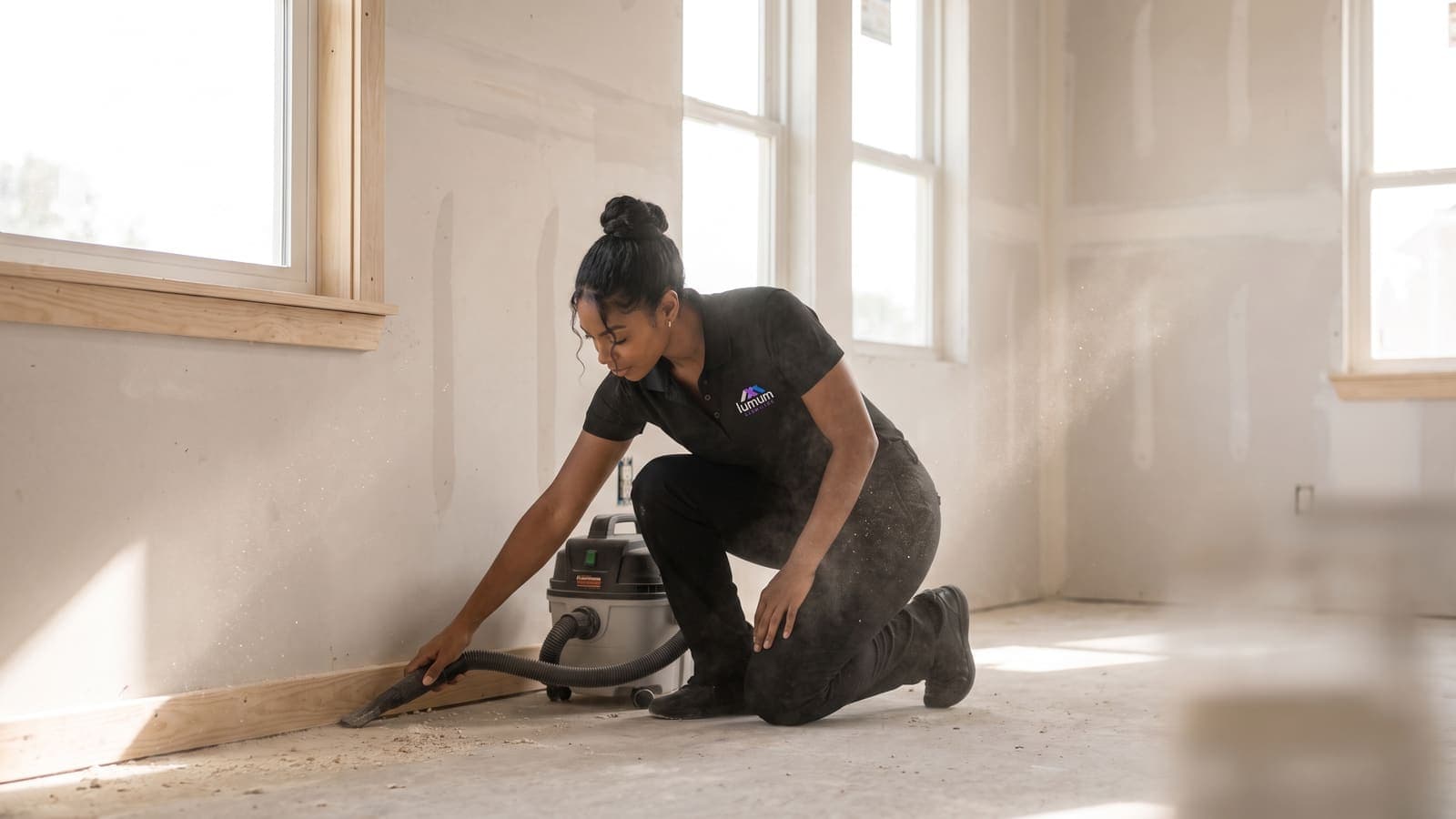 A newly built interior with fine drywall dust catching the light and a HEPA vacuum in use