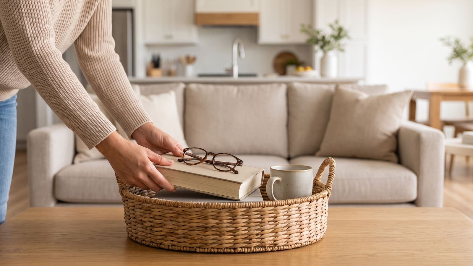 A tidy living room with personal items being cleared from a coffee table into a basket