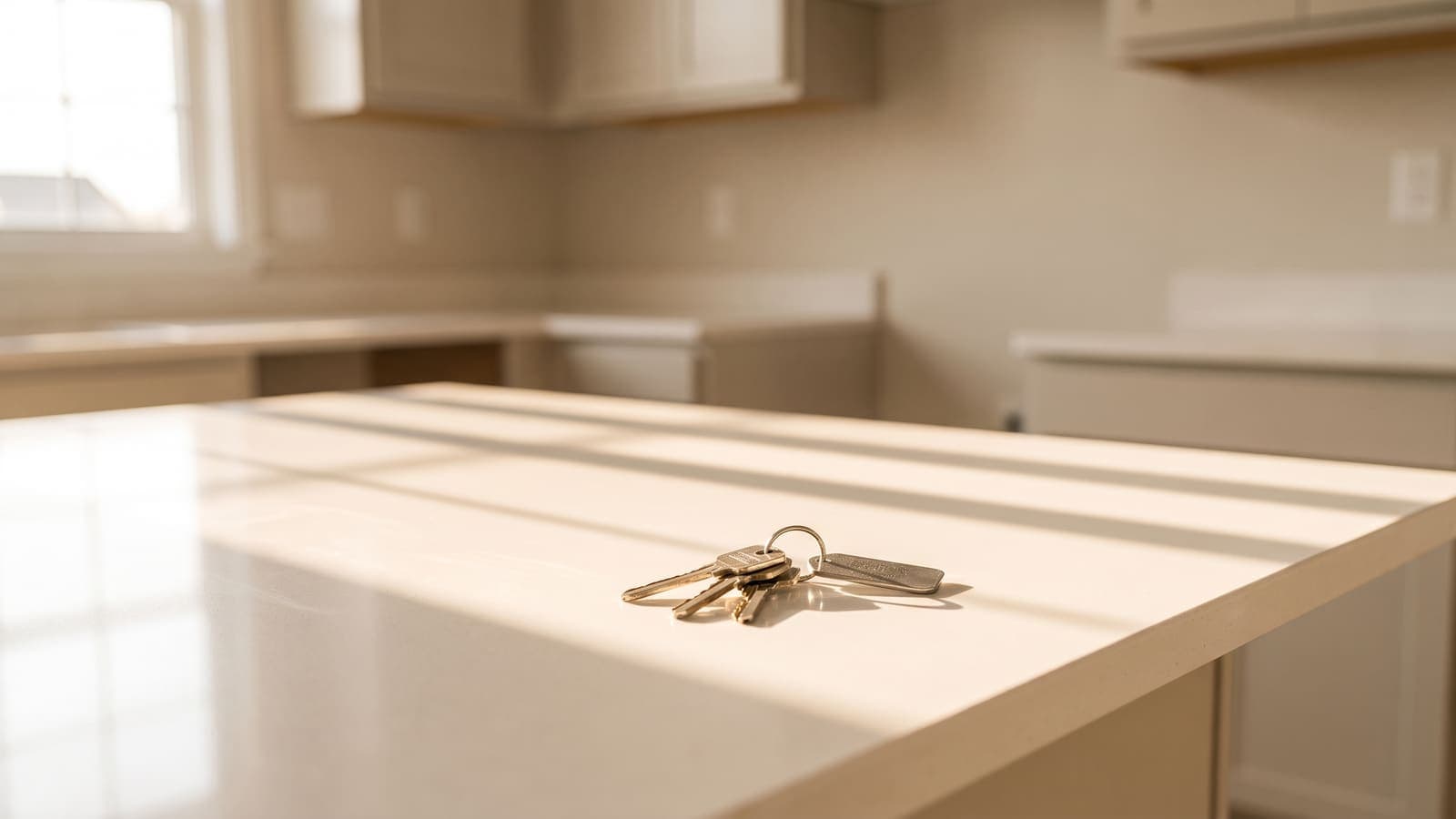 Apartment keys resting on a spotless empty kitchen counter in a vacant unit
