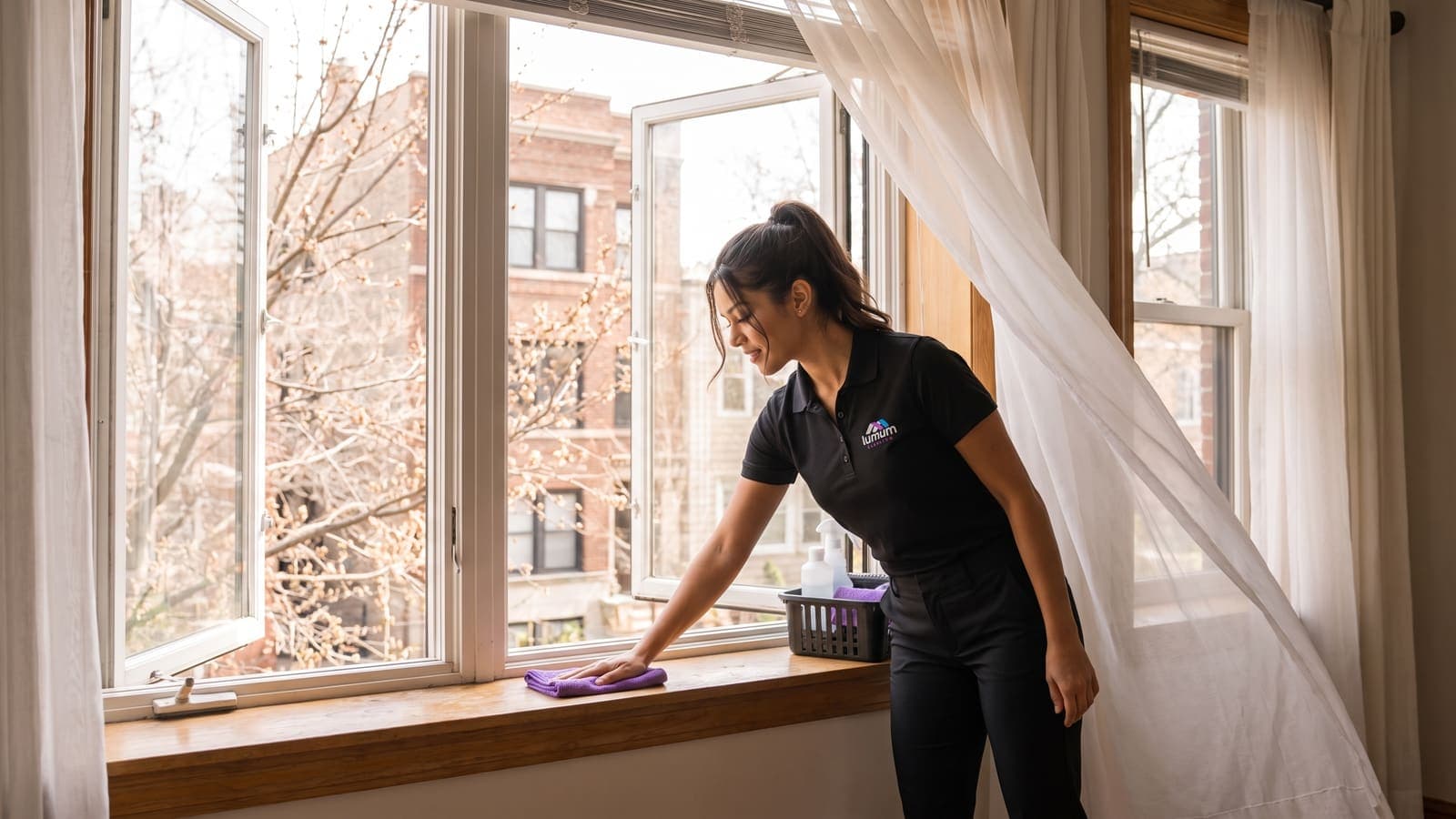 A Chicago apartment with windows open in early spring, a specialist wiping a windowsill
