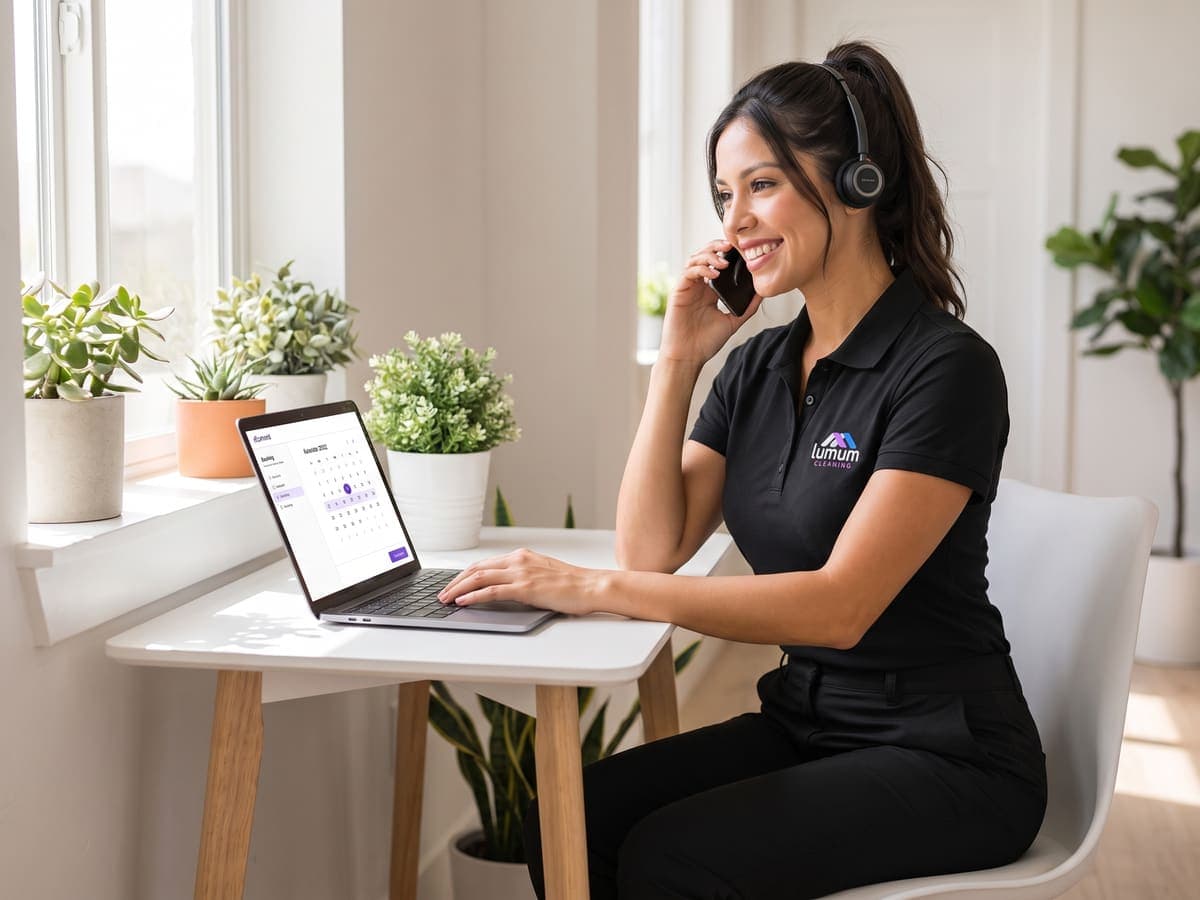 A Lumum Cleaning team member taking a booking call at a bright desk