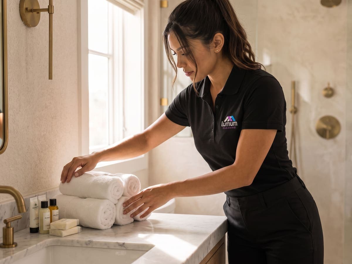 A Lumum Cleaning specialist arranging rolled towels and amenities on a bathroom vanity