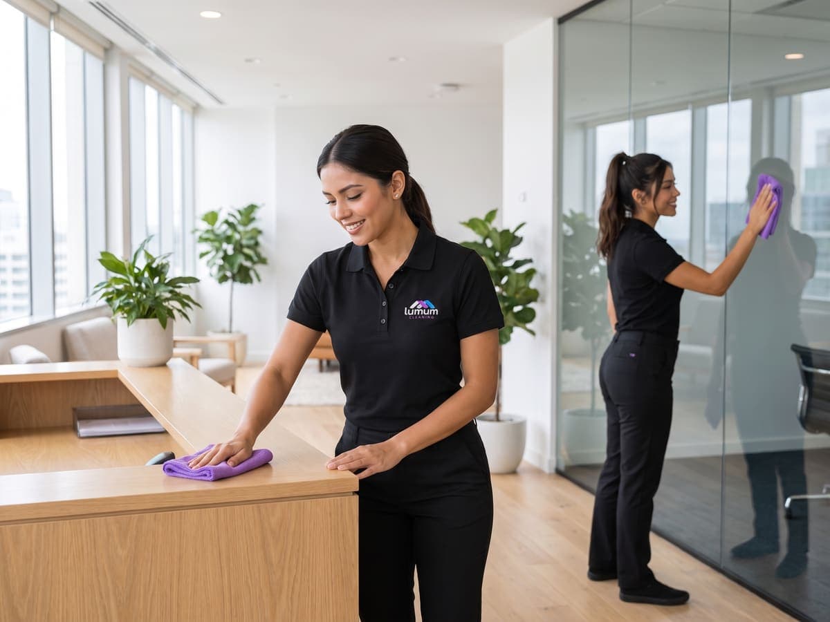 A background-checked Lumum Cleaning specialist detailing a work surface on a Chicago job