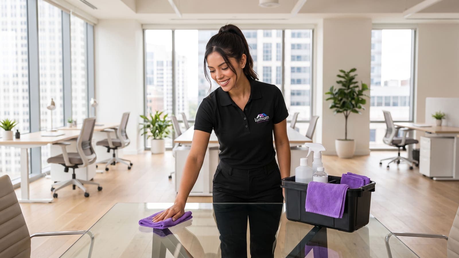 A Lumum Cleaning specialist wiping a glass conference table in a bright Chicago office