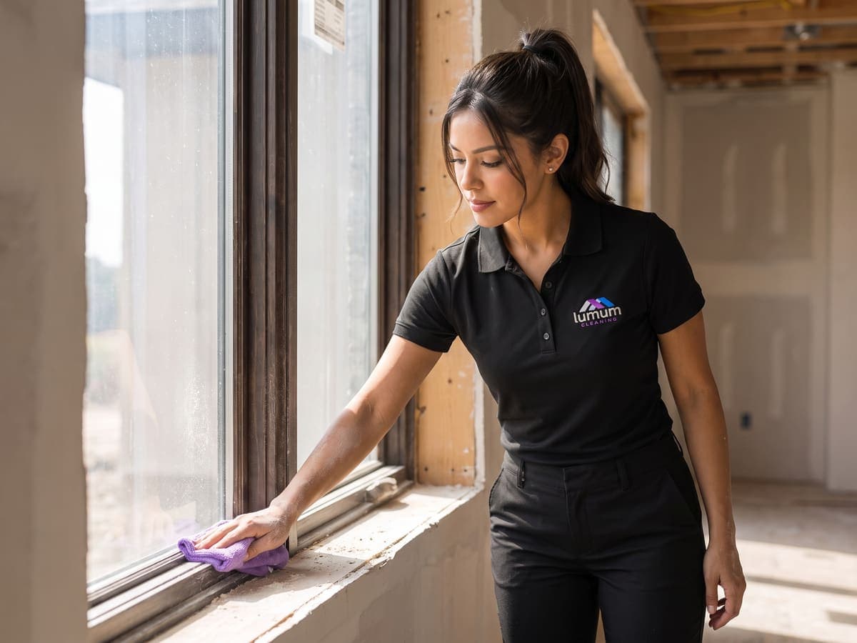 A Lumum Cleaning specialist wiping construction dust from a window frame in a new build