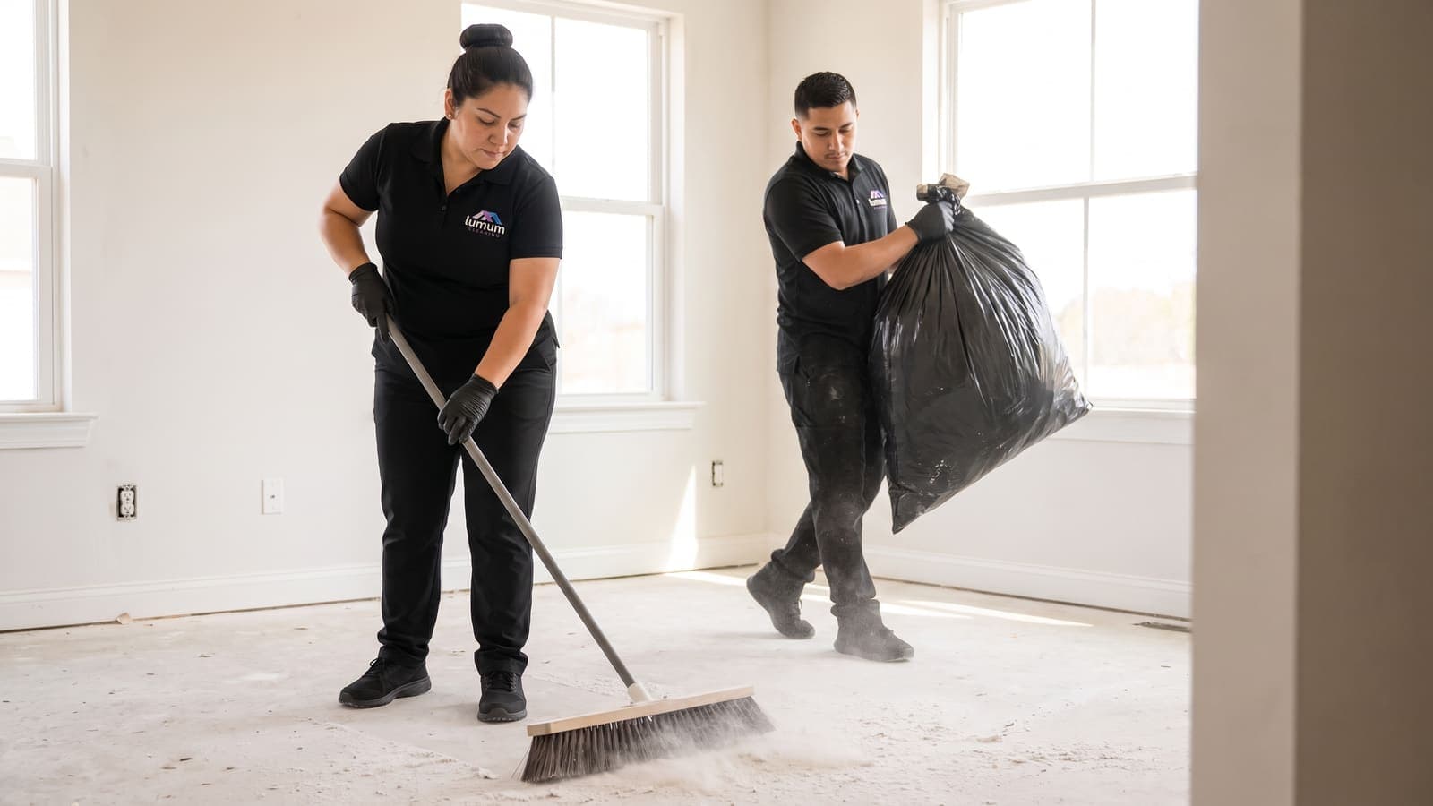 Two Lumum Cleaning specialists removing construction dust from a newly built Chicago home