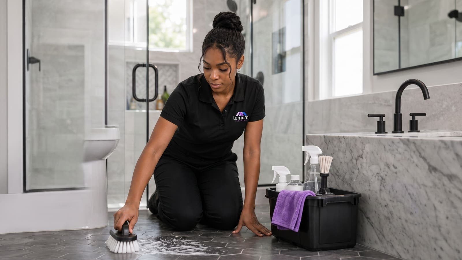 A Lumum Cleaning specialist scrubbing tile grout in a modern Chicago bathroom