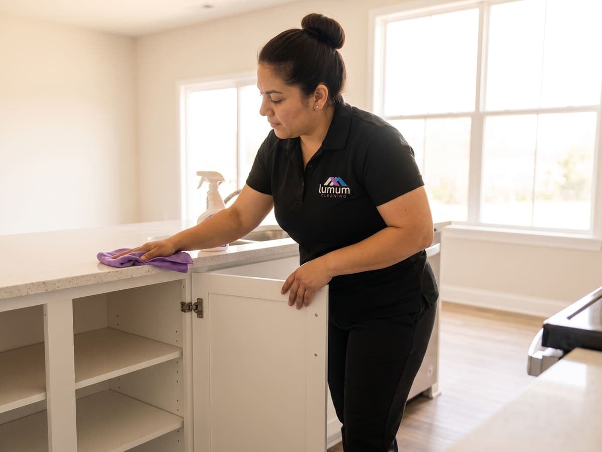 A Lumum Cleaning specialist wiping inside empty kitchen cabinets in a vacant apartment