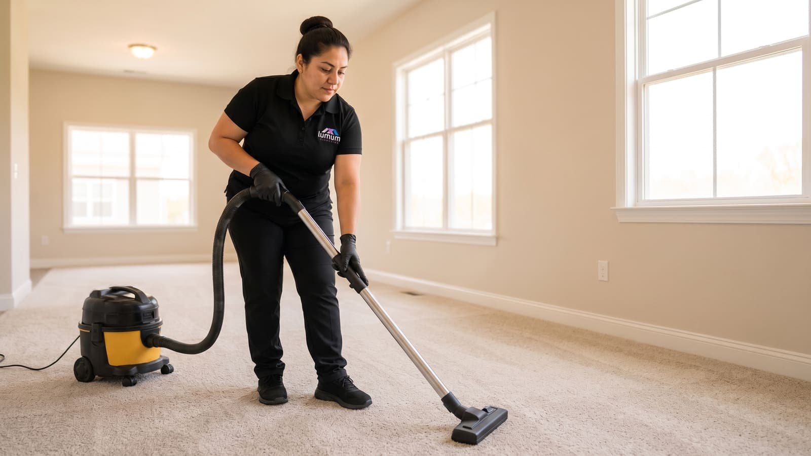 A Lumum Cleaning specialist vacuuming an empty apartment living room with fresh carpet lines