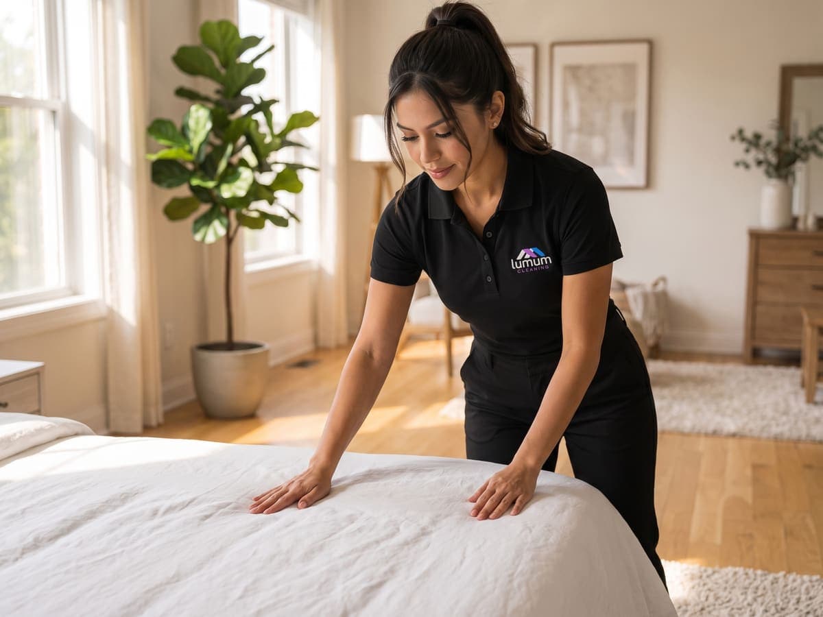 A Lumum Cleaning specialist smoothing white bed linens in a sunlit bedroom